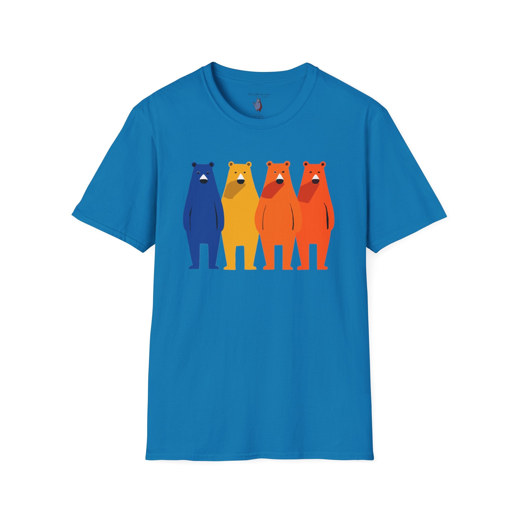 Midwest Modern Primary Row of Four Standing Bears - 100% Cotton Graphic Tee - animal lovers, primary colors, bears