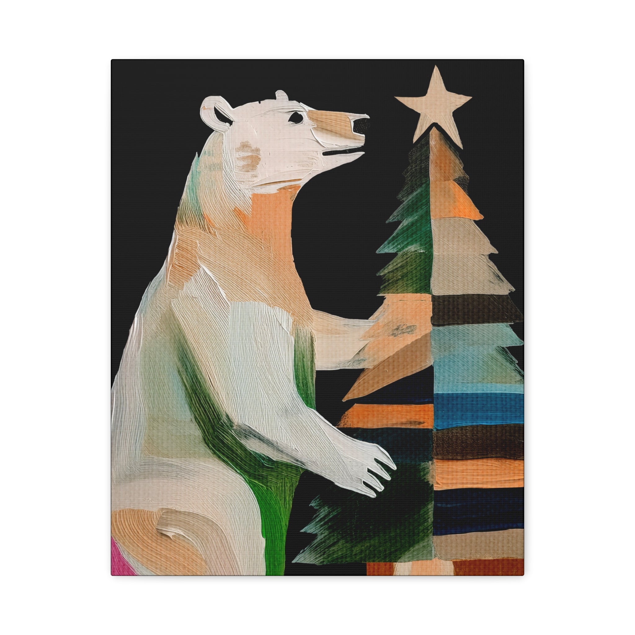 Midwest Mod Seasonal Christmas Art Print - Polar Bear Decorating Tree - Matte Canvas, Stretched, 1.25"