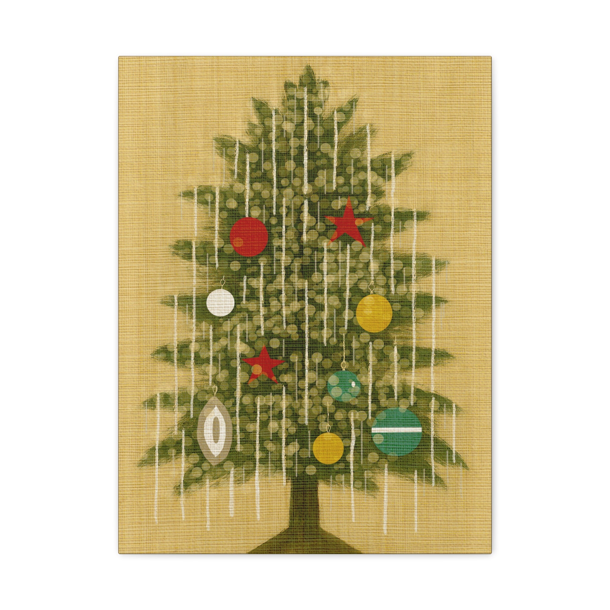 Midwest Mod Seasonal Christmas Art Print -Vintage Tinsel Adorned Tree- Matte Canvas, Stretched, 1.25"