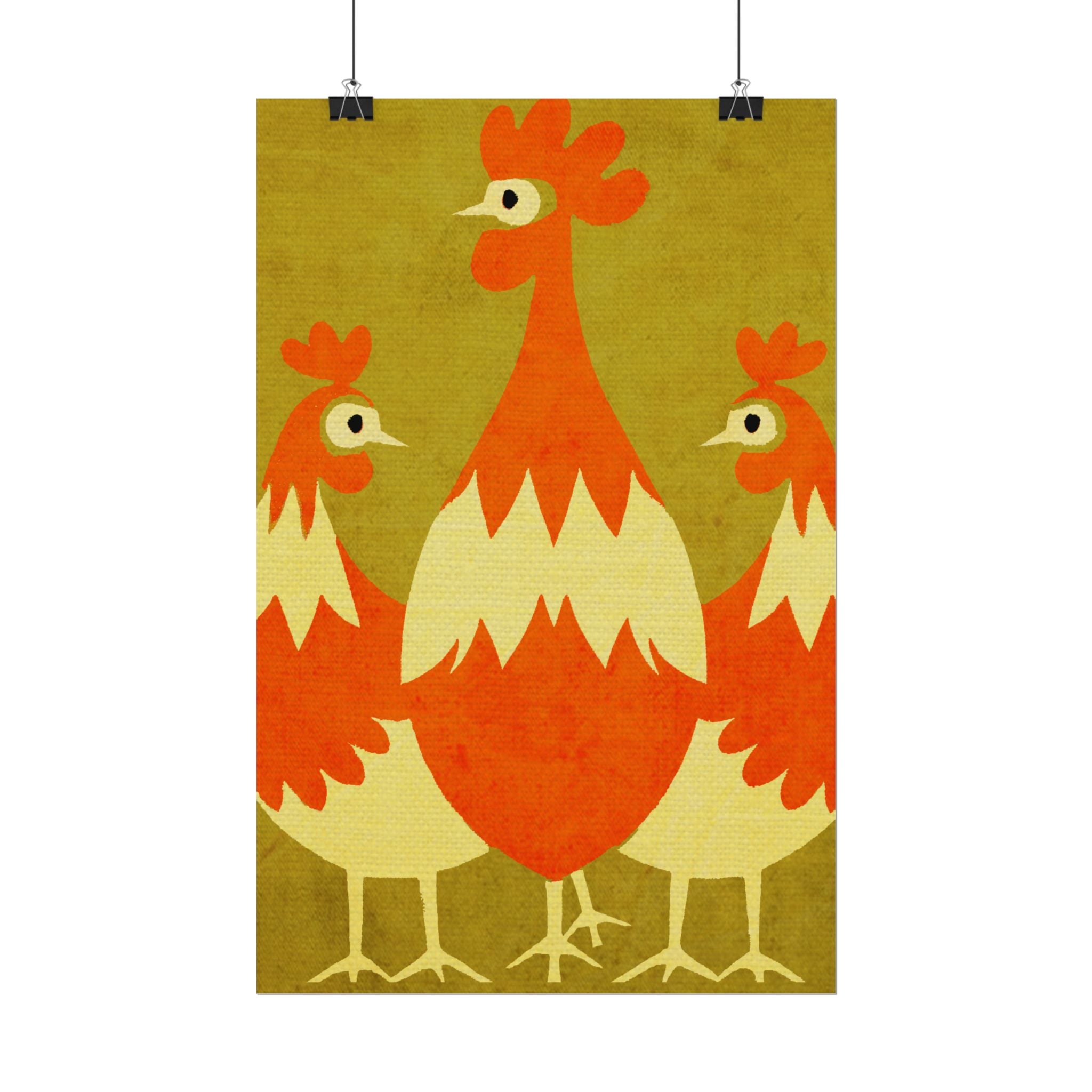 Midwest Modern Pop Art Chicken Trio Print Rolled Poster | Farmhouse Wall Art, Rustic Decor, Animal Print, Kitchen Decor, Gift For Chicken Lovers