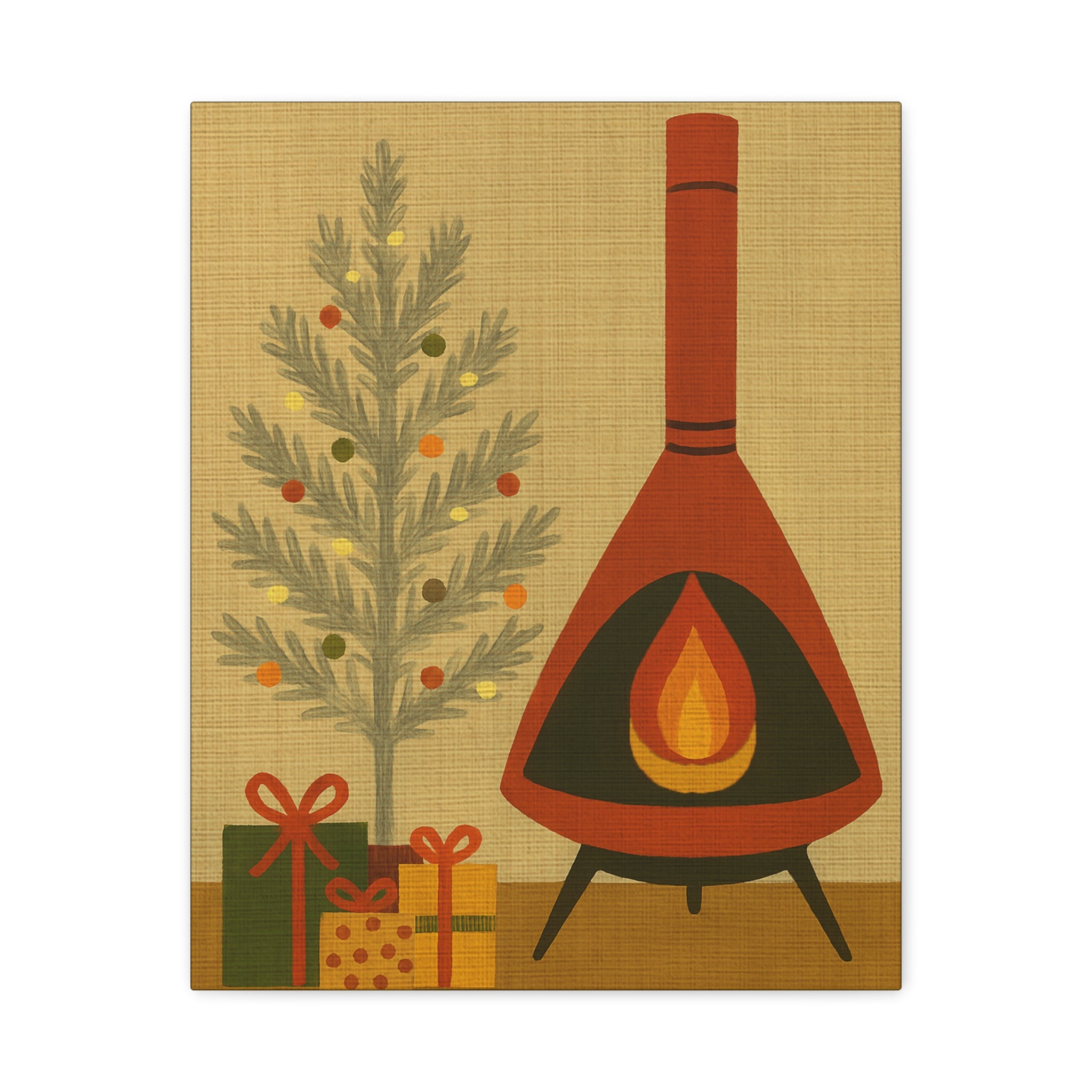 Midwest Mod Seasonal Christmas Art Print - Retro Fireplace and Tinsel Tree - Matte Canvas, Stretched, 1.25"