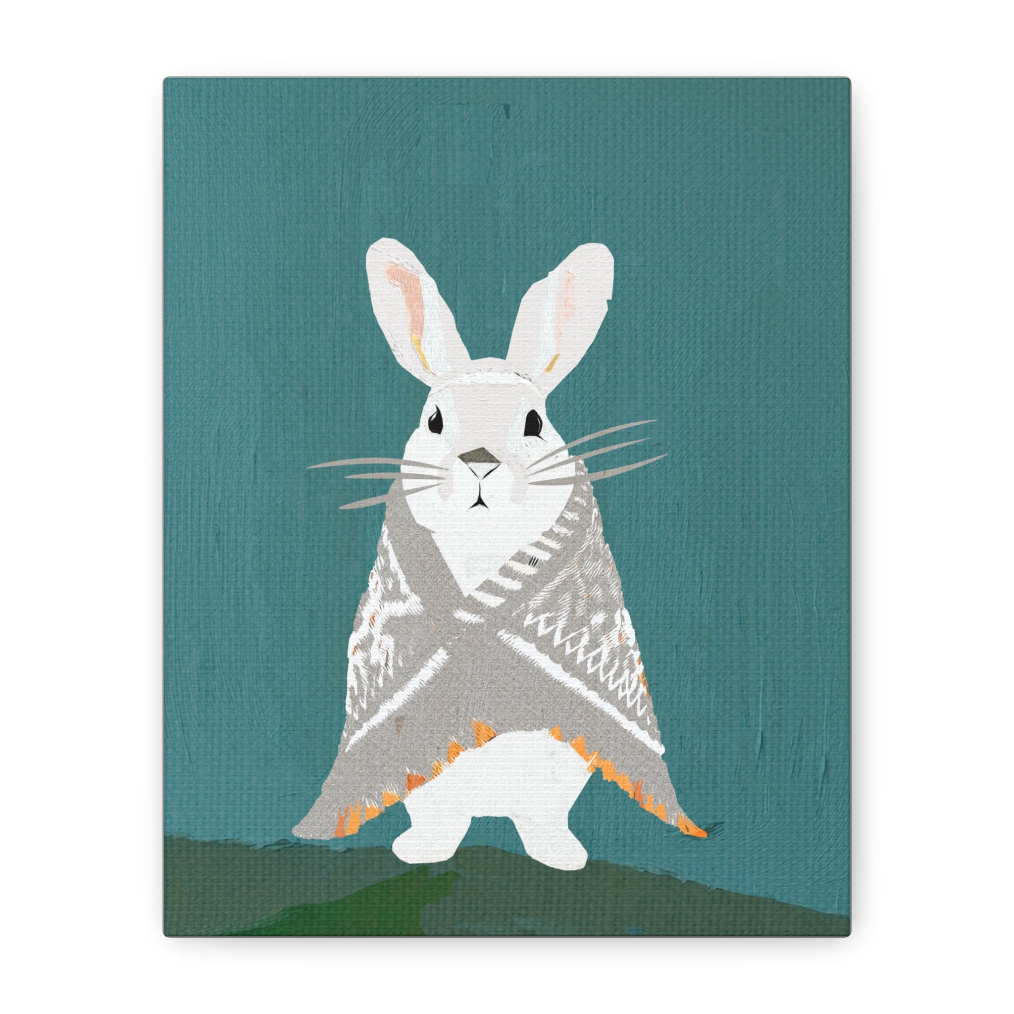Midwest Mod Snowshoe Hare Bunny Rabbit with Blanket Winter Print- Matte Canvas, Stretched, 1.25", holiday decor, winter, cozy, snowshoe hare, bunny rabbit, blankets