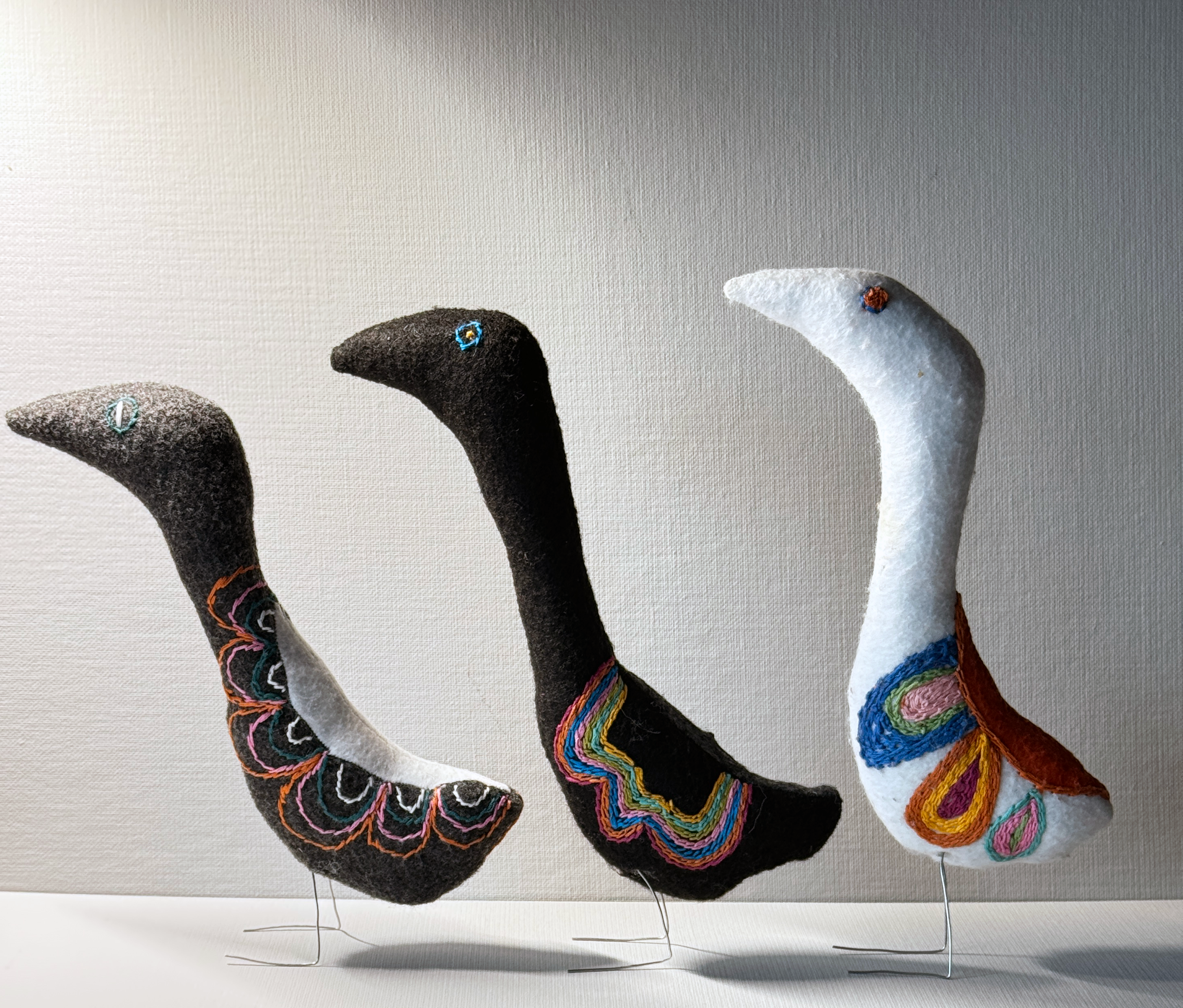 Set of Three Springtime Danish Modern Inspired Birds - One of a Kind Soft Art Sculptures - Bird Collection