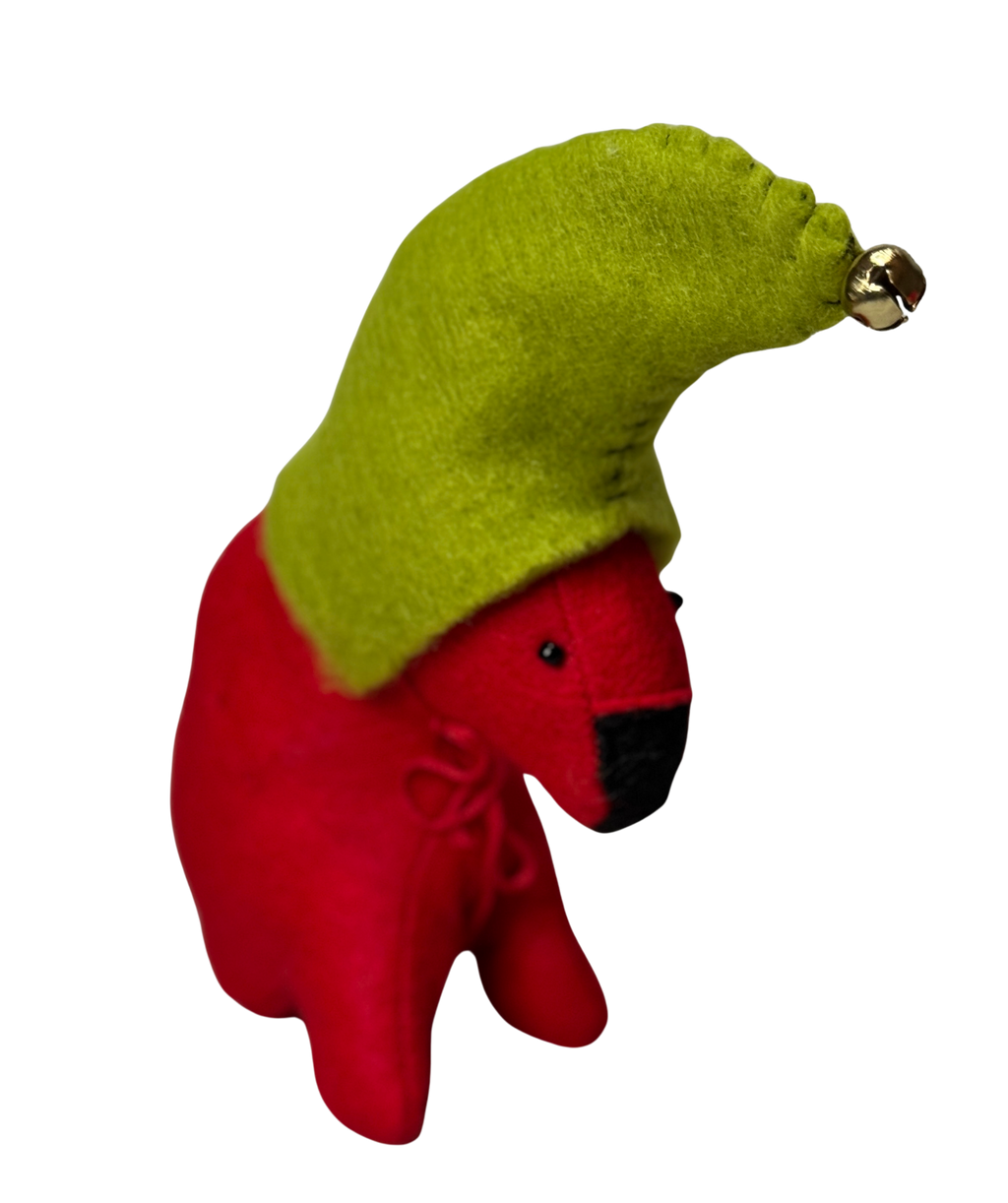 Red Elf Sitting Bear Folk Art Guardian – Soft Sculpture Bearfolk - Woodland Collection