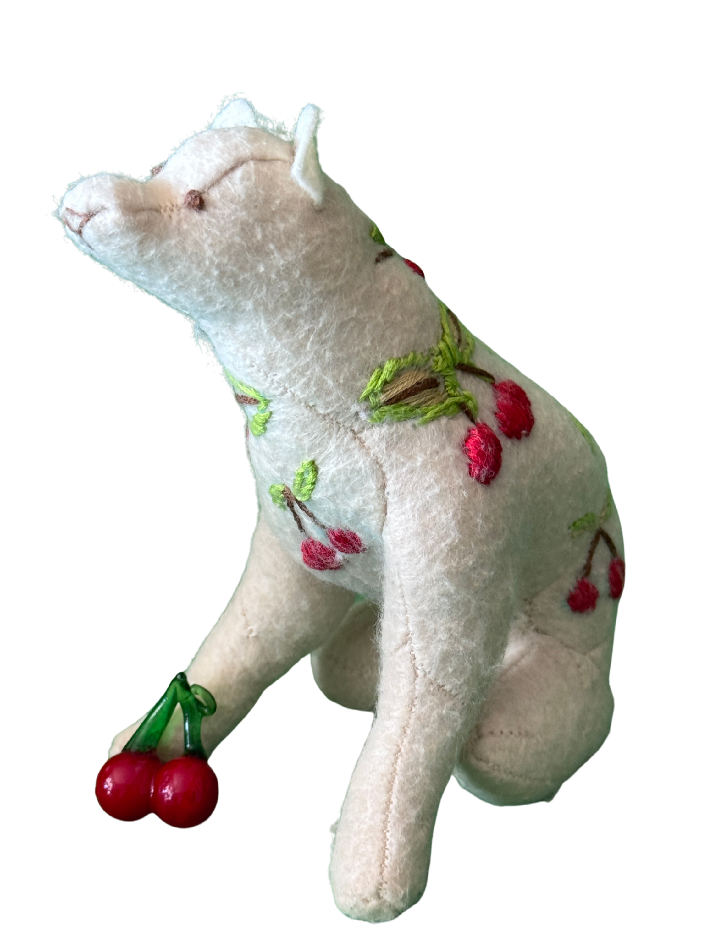 One of Kind Soft Art Sculpture Cherry Berry Bear - Woodland Collection - Hand Embroidered