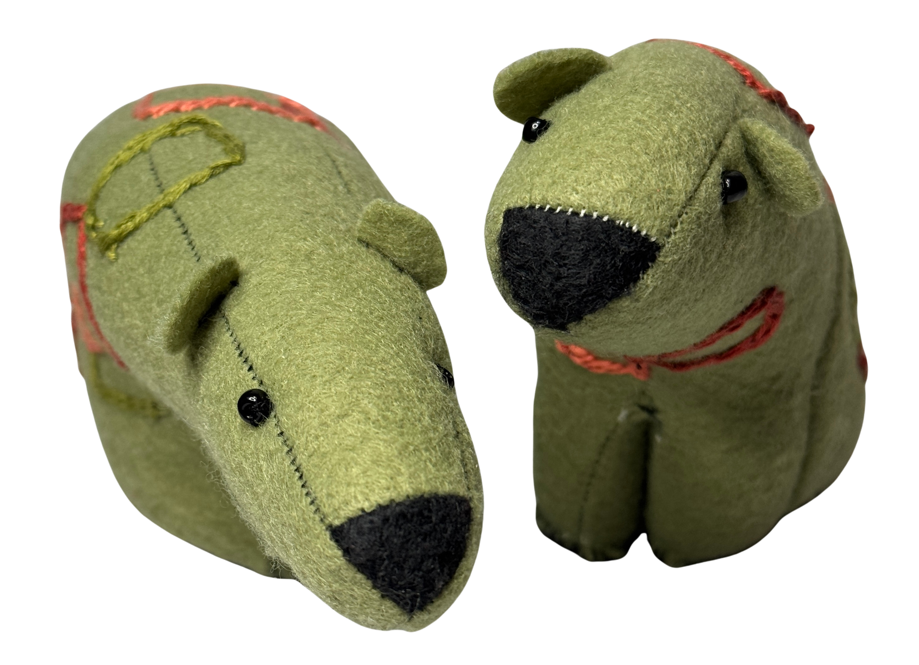 Folk Art Soft Sculpture Free Standing Bear Duo  - Mod Green - One of a Kind  - Woodland Collection