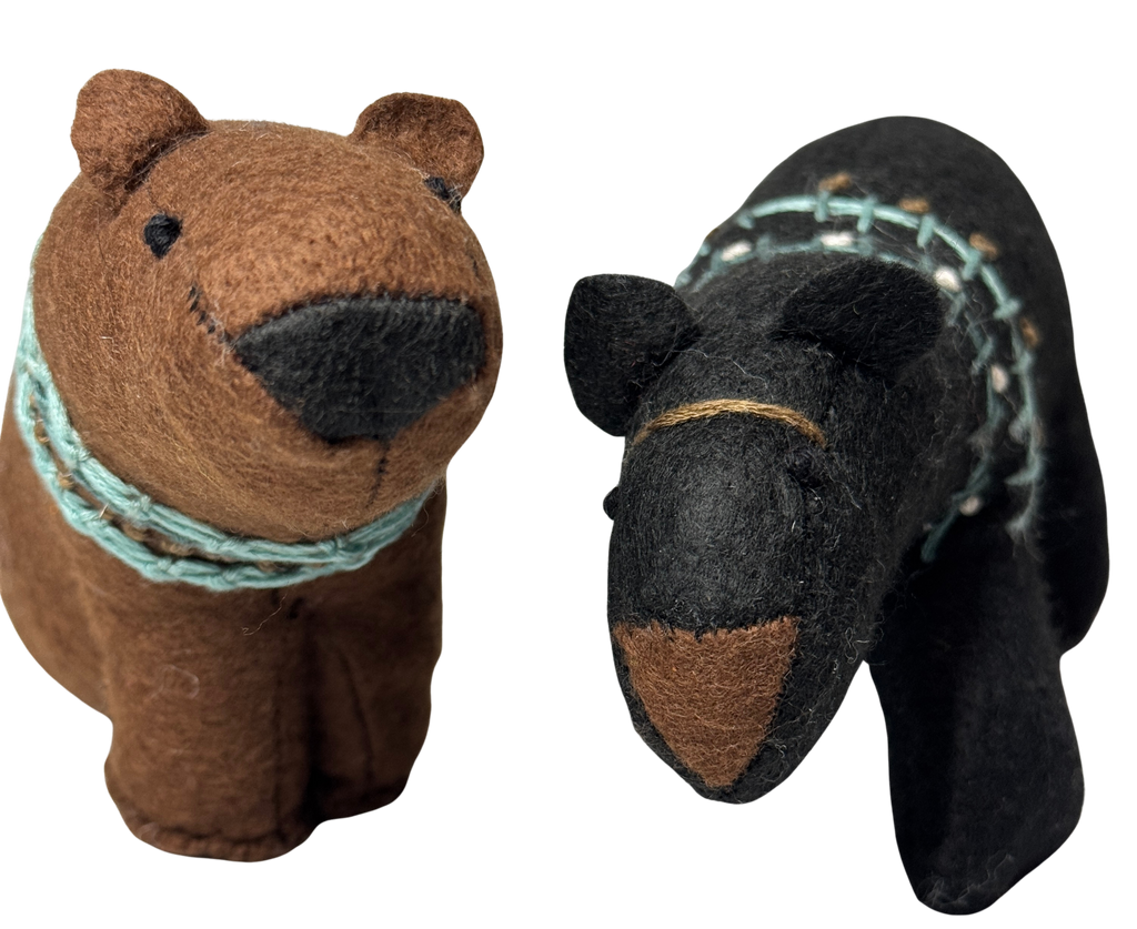 Folk Art Soft Sculpture Free Standing Bear Duo  - Black and Brown - One of a Kind  - Woodland Collection