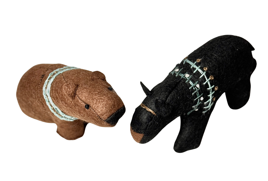 Folk Art Soft Sculpture Free Standing Bear Duo  - Black and Brown - One of a Kind  - Woodland Collection