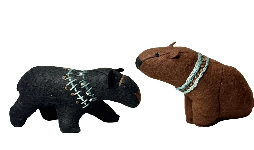 Folk Art Soft Sculpture Free Standing Bear Duo  - Black and Brown - One of a Kind  - Woodland Collection