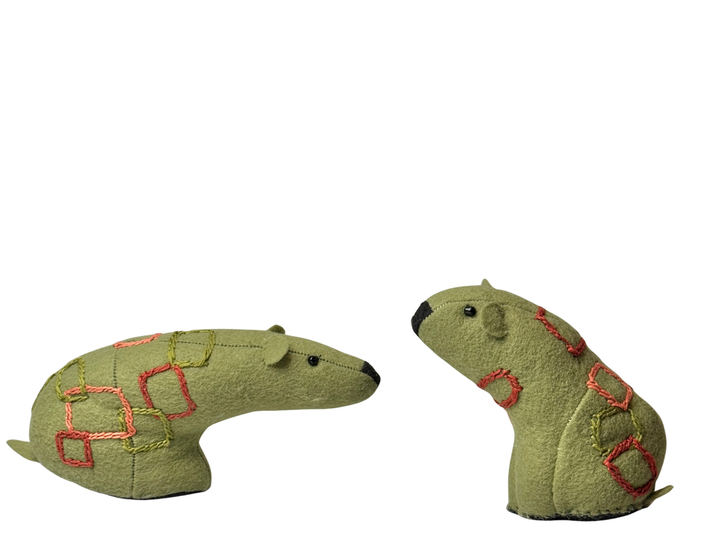 Folk Art Soft Sculpture Free Standing Bear Duo  - Mod Green - One of a Kind  - Woodland Collection