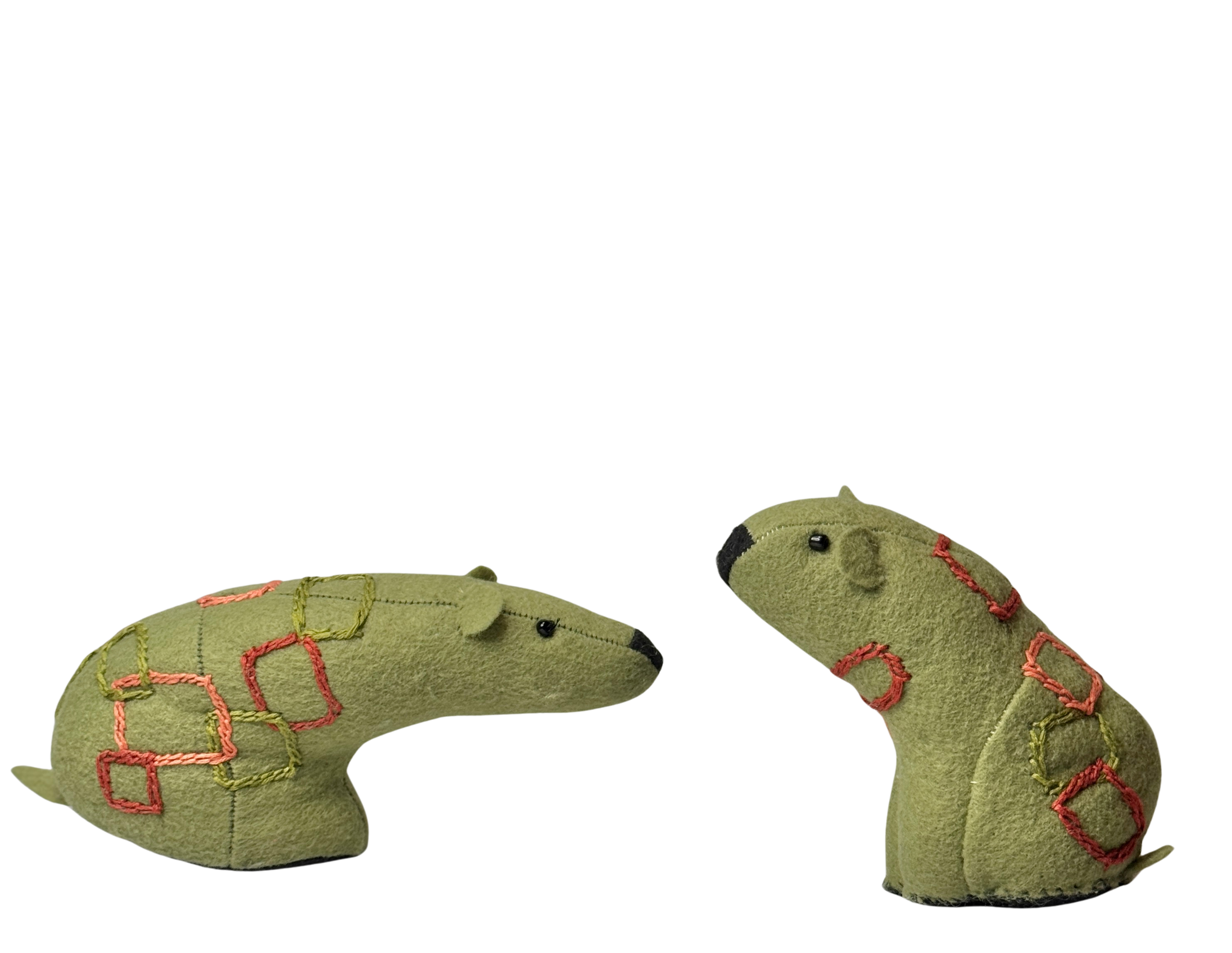 Folk Art Soft Sculpture Free Standing Bear Duo  - Mod Green - One of a Kind  - Woodland Collection