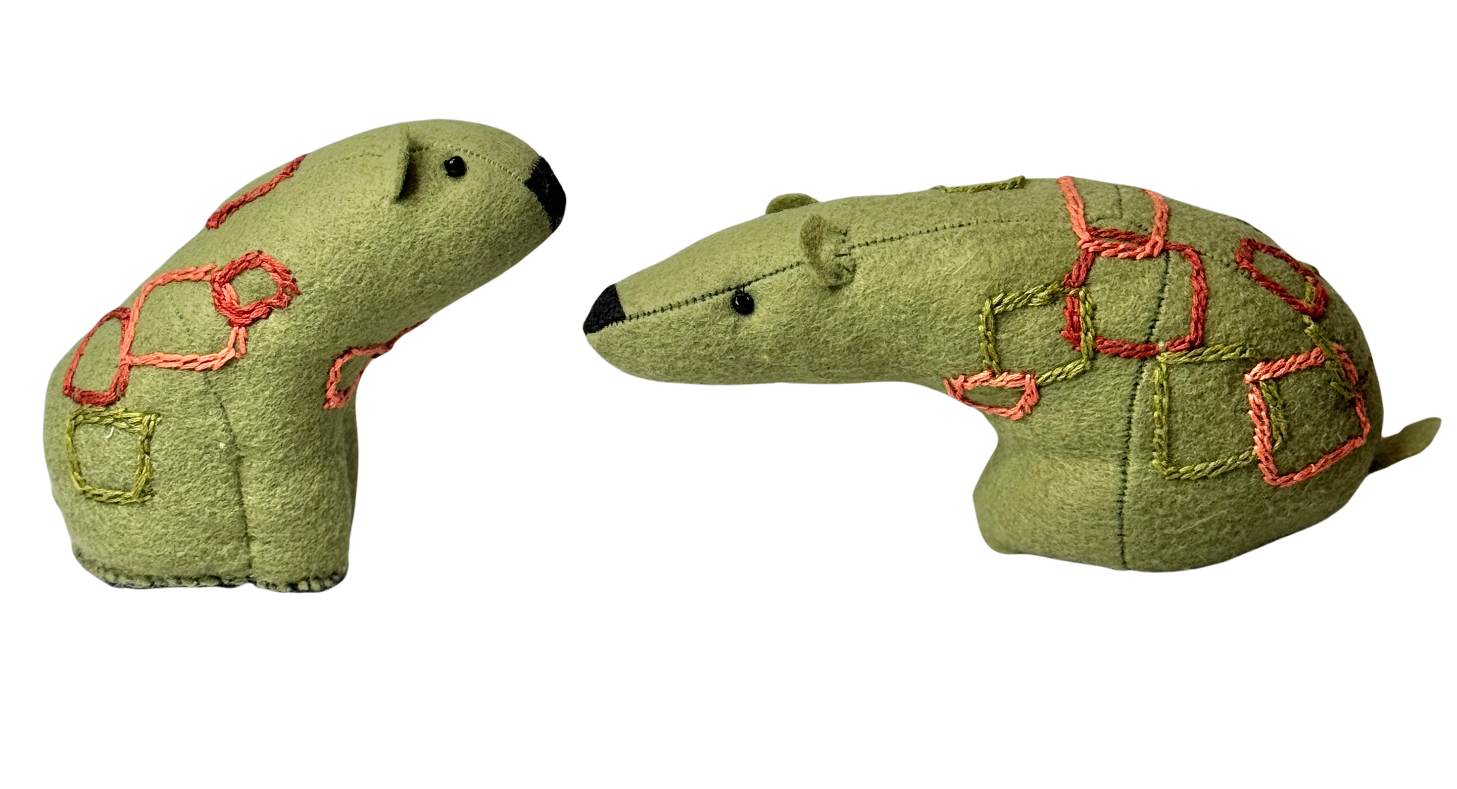 Folk Art Soft Sculpture Free Standing Bear Duo  - Mod Green - One of a Kind  - Woodland Collection