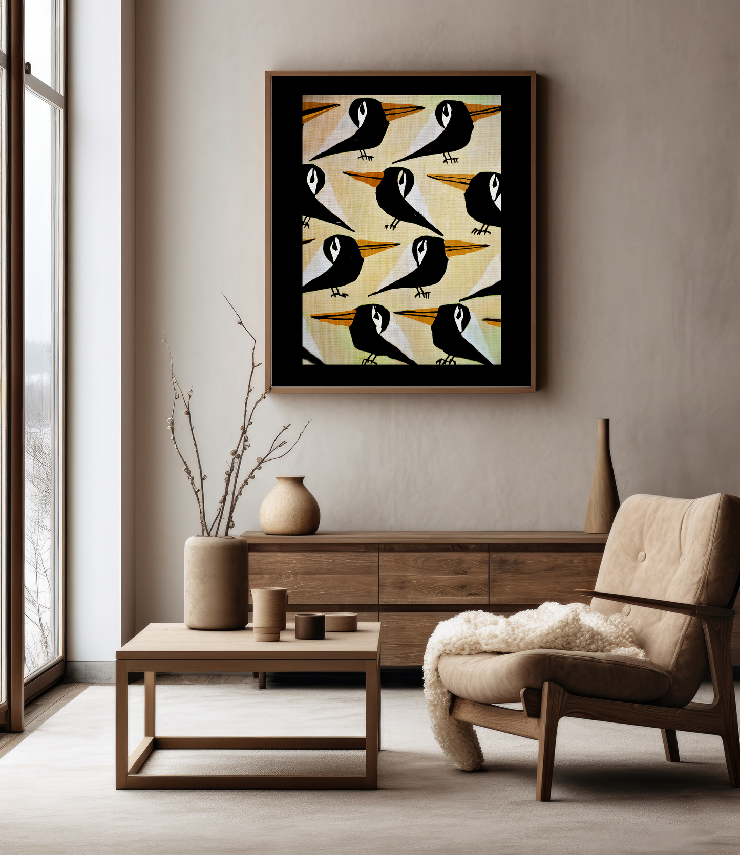 Midwest Modern Black and White Retro Bird Art Print  - Matte Canvas, Stretched, 1.25"