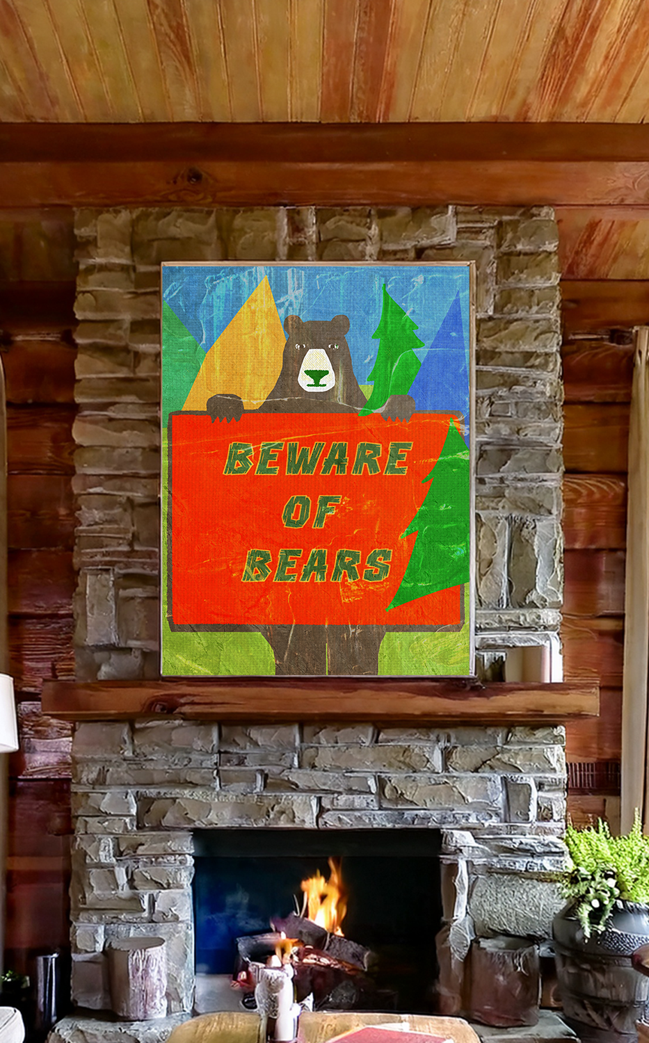 Midwest Modern Campy Beware of Bears Sign  Art Print - Matte Canvas, Stretched, 1.25" -  home decor, wall art, camp, cabin, cottage