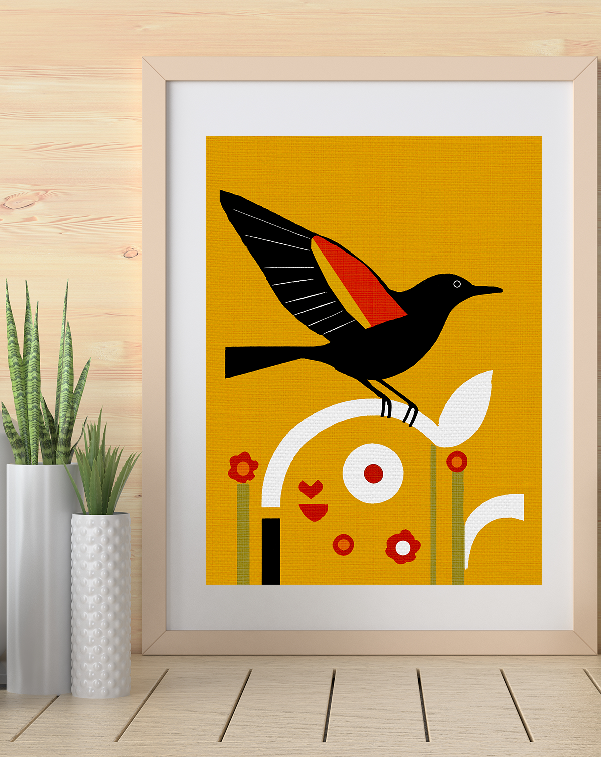 Midwest Modern Red-Winged BlackBird Art Print  - Matte Canvas, Stretched, 1.25"
