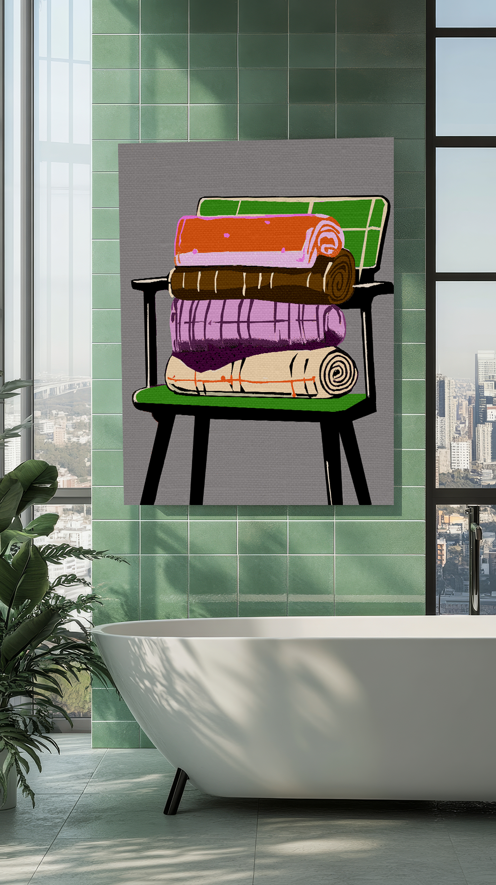 Modern MCM Green Chair Art Print - Matte Canvas, Stretched, 1.25" -  home decor, wall art, mod chair, blankets