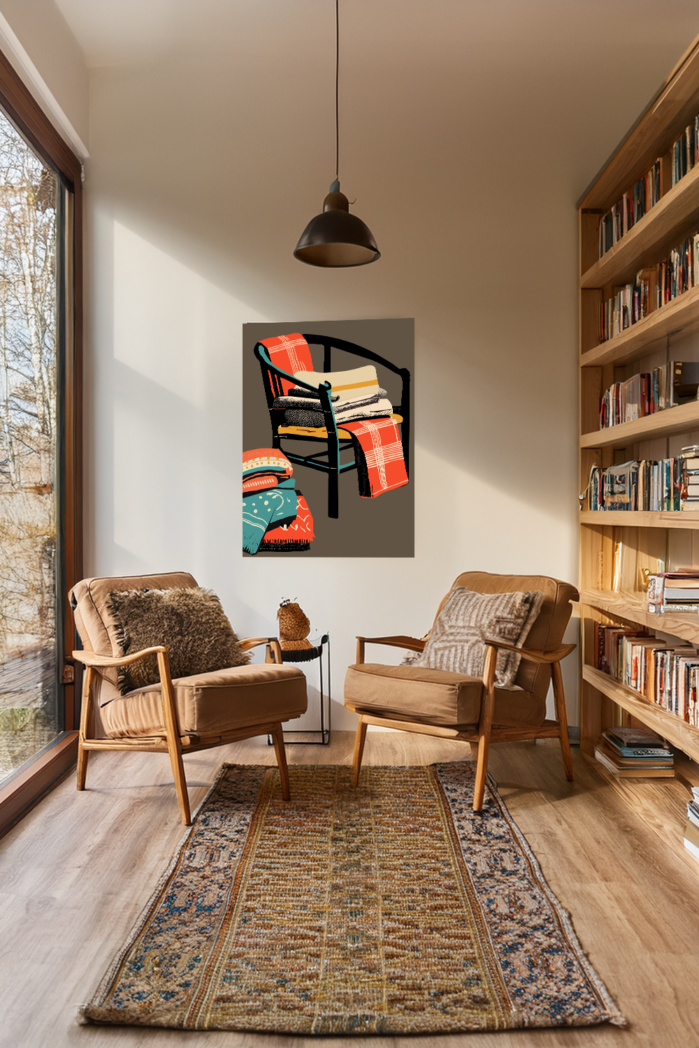 Lake Cabin Camp Chair with Blankets Art Print - Matte Canvas, Stretched, 1.25" -  home decor, wall art, mod chair, blankets, shabby, cabin, camp