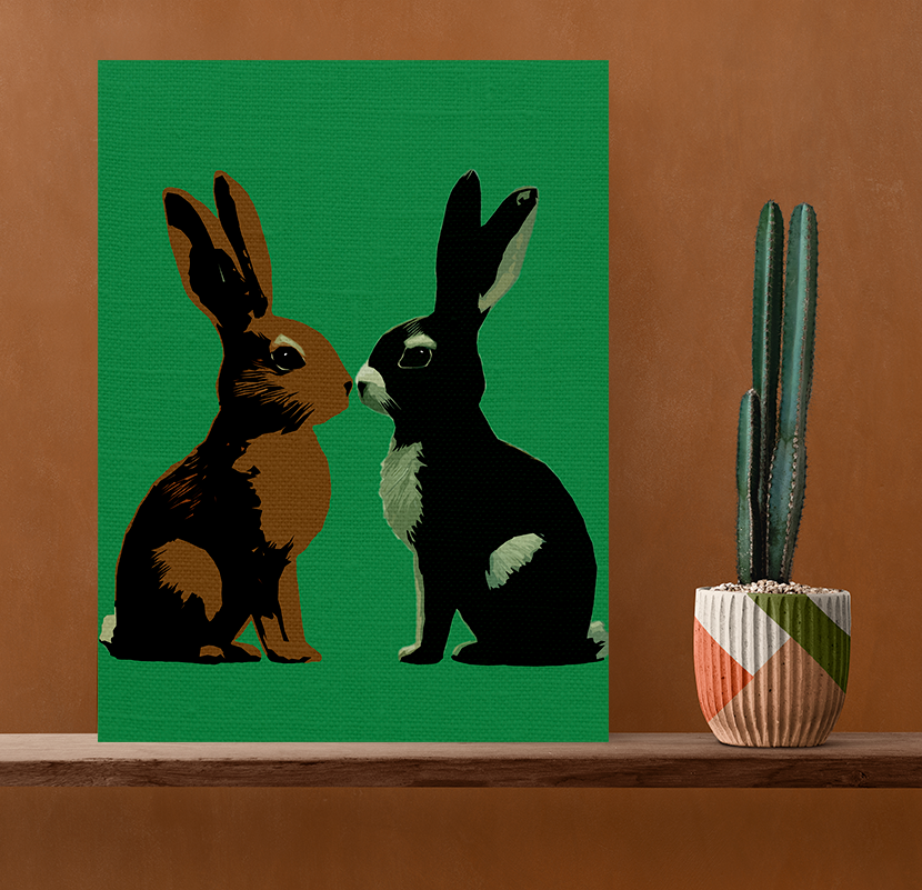 Midwest Modern Kissing Bunnies Print - Matte Canvas, Stretched, 1.25" -  home decor, wall art, nature, bunny, rabbit, love