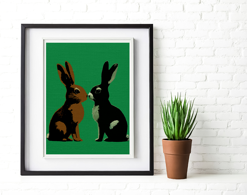 Midwest Modern Kissing Bunnies Print - Matte Canvas, Stretched, 1.25" -  home decor, wall art, nature, bunny, rabbit, love