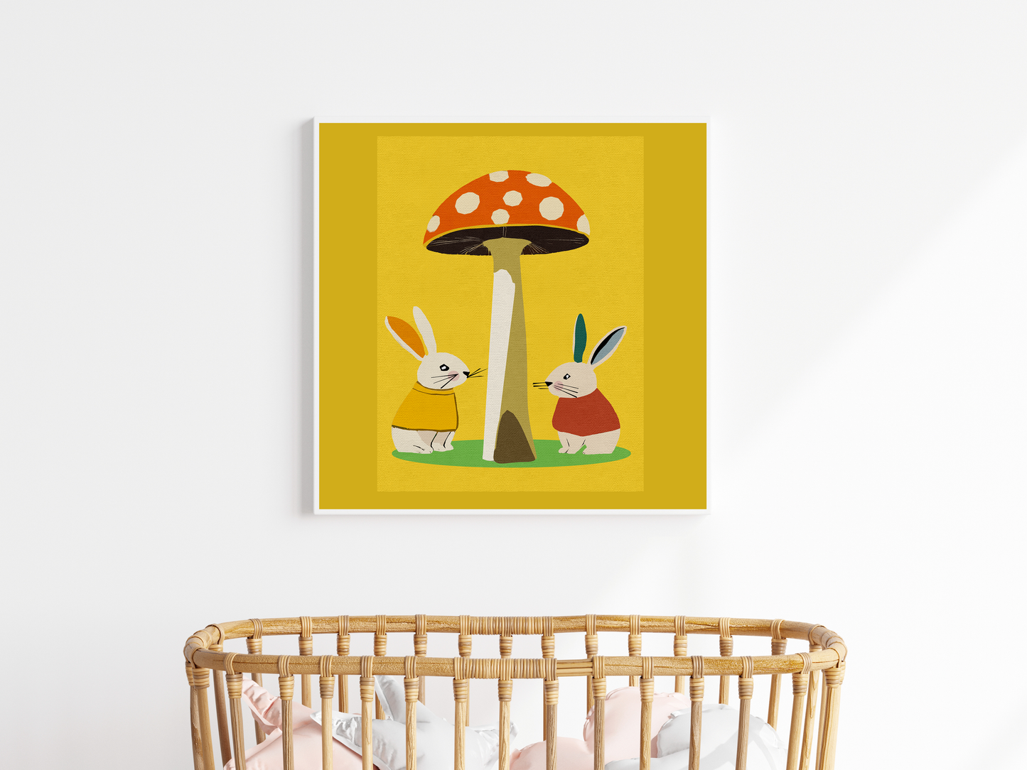 Gender Neutral Bunny Rabbits and Mushroom Art Print - Matte Canvas, Stretched, 1.25"