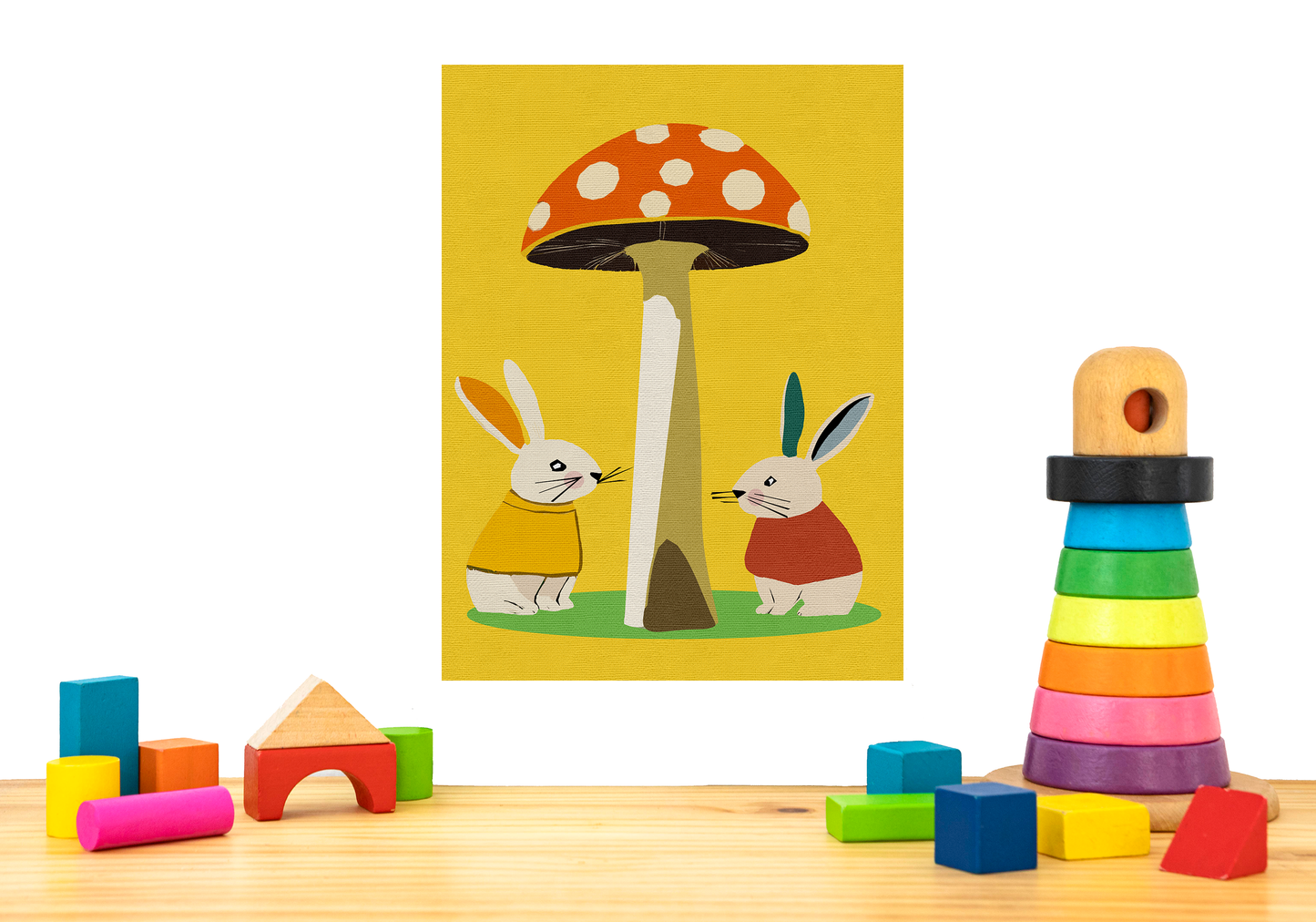 Gender Neutral Bunny Rabbits and Mushroom Art Print - Matte Canvas, Stretched, 1.25"