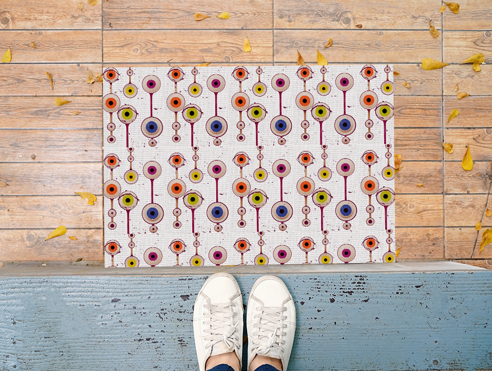 Mid-Century Modern Style Floating Eyeball Pattern Outdoor Rug — Retro Abstract Patio Mat