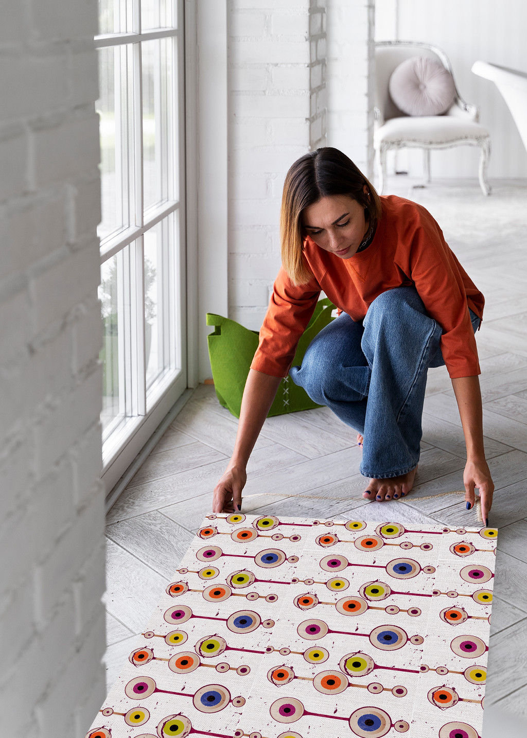 Mid-Century Modern Style Floating Eyeball Pattern Outdoor Rug — Retro Abstract Patio Mat