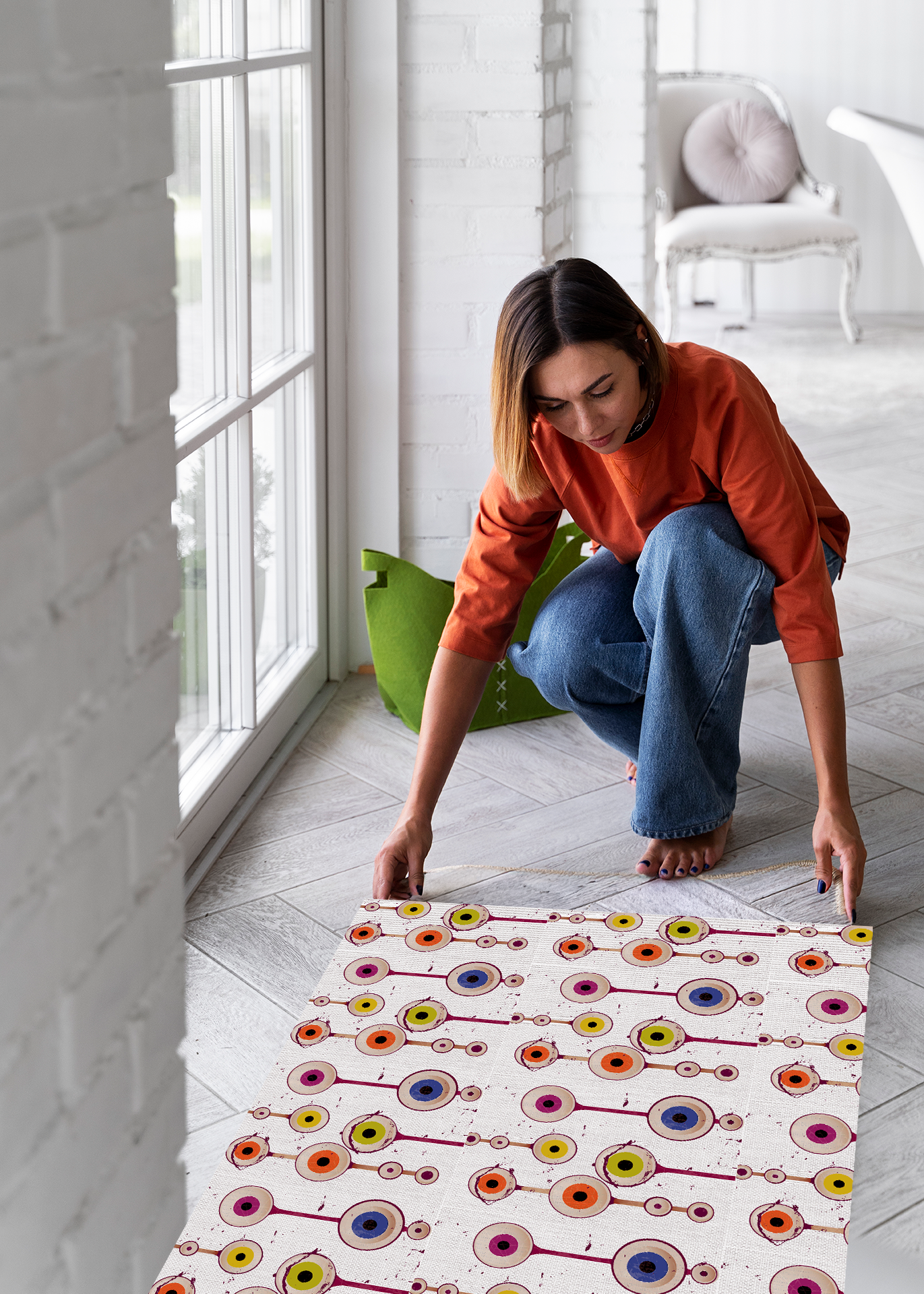 Mid-Century Modern Style Floating Eyeball Pattern Outdoor Rug — Retro Abstract Patio Mat