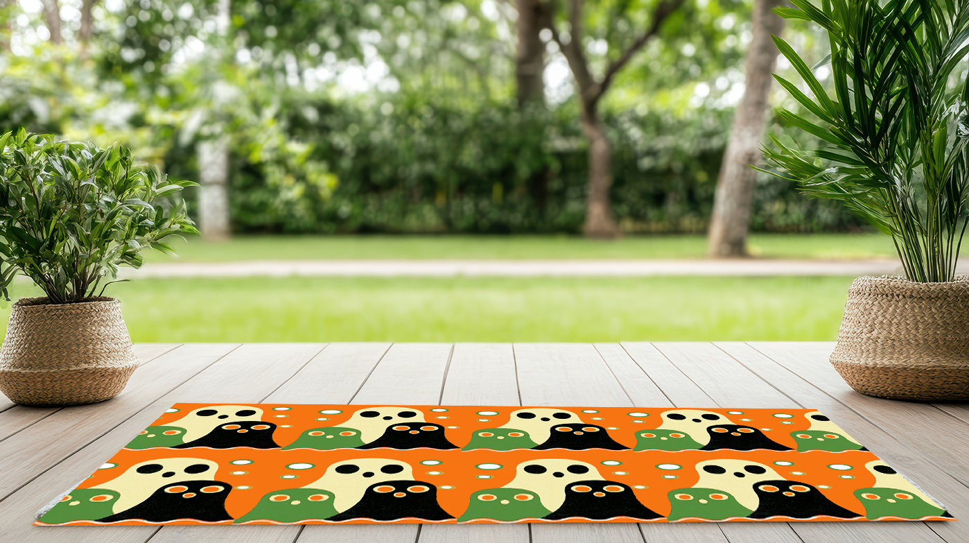 Mid-Century Modern Style Halloween Ghosts Pattern Outdoor Rug — Retro Abstract Patio Mat