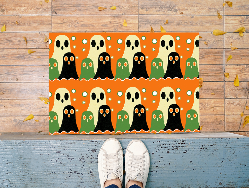 Mid-Century Modern Style Halloween Ghosts Pattern Outdoor Rug — Retro Abstract Patio Mat