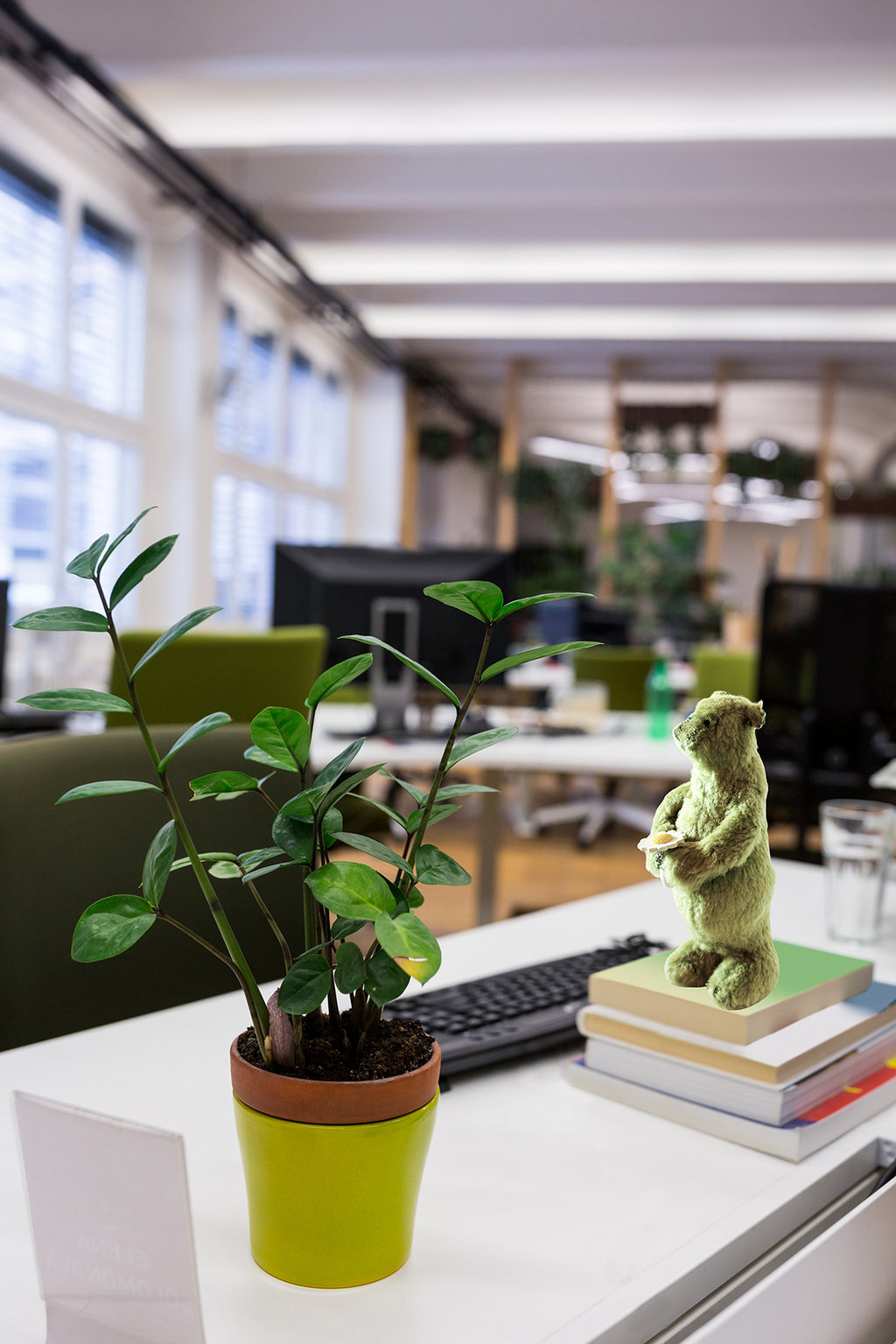 One of Kind Soft Art Standing Fuzzy Green Bear - Woodland Collection - Office Sidekick