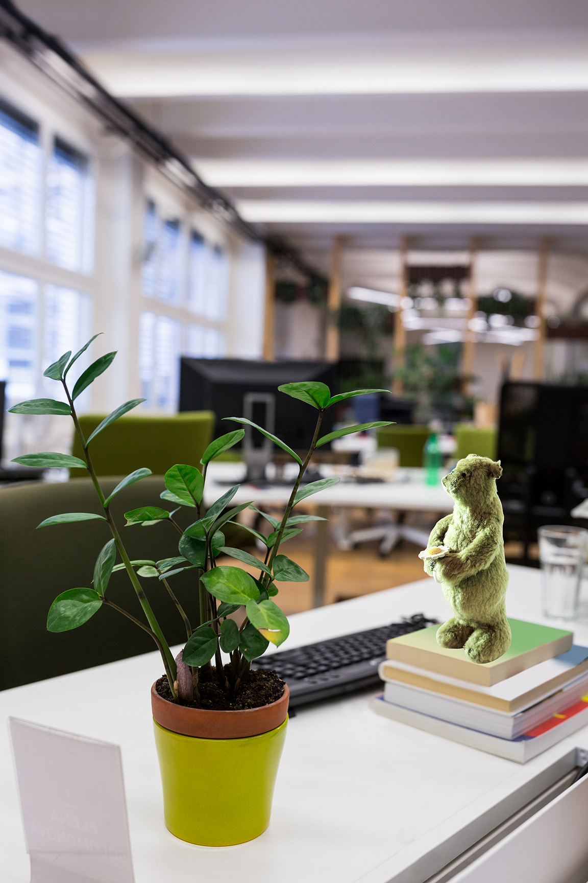 One of Kind Soft Art Standing Fuzzy Green Bear - Woodland Collection - Office Sidekick