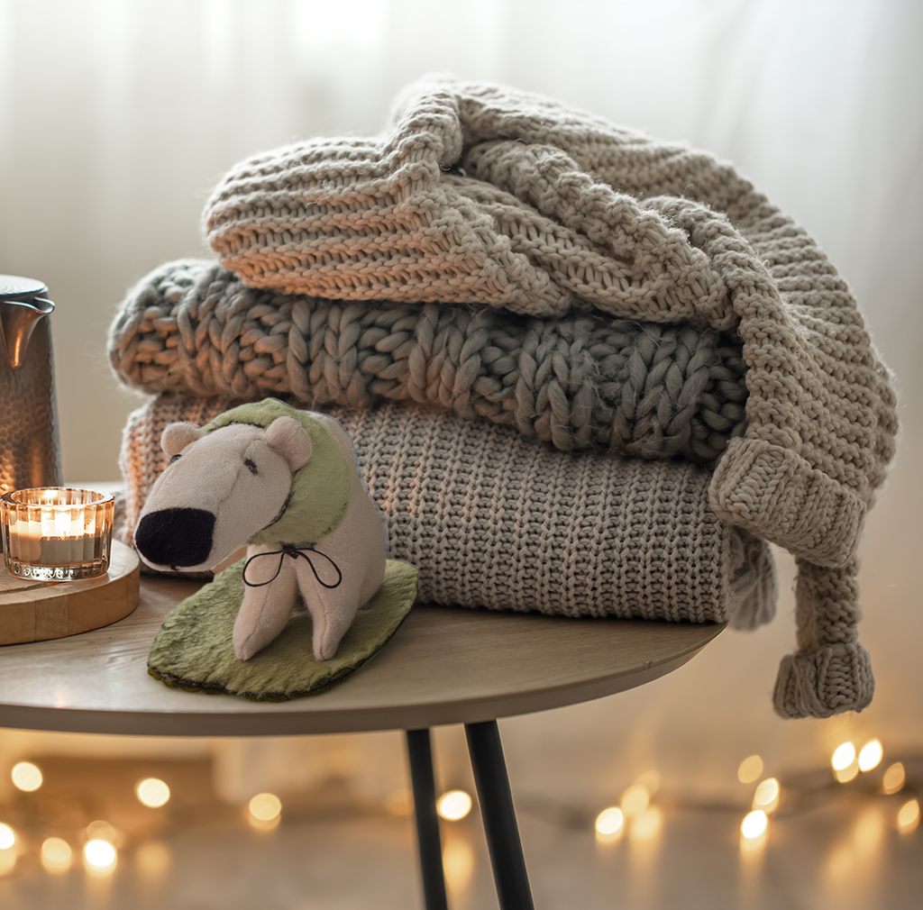 MELANIE - Winter Shawl Polar Bear - Seasonal Sidekick — One-of-a-Kind Soft Art Sculpture