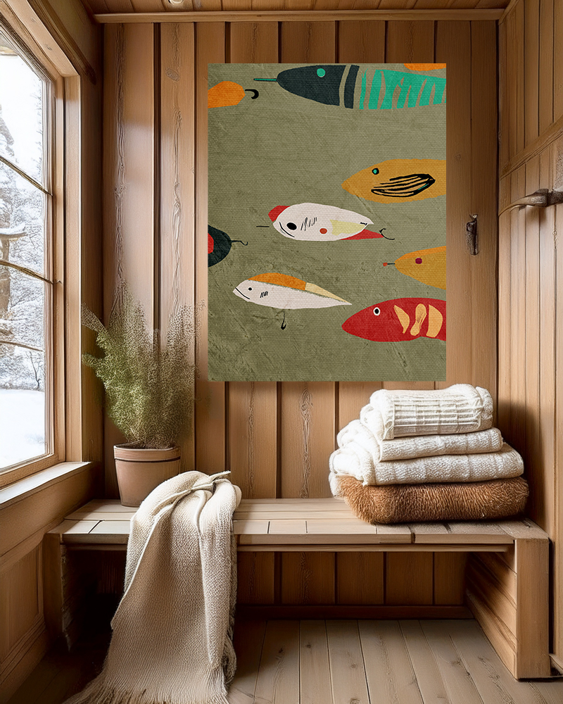 Vintage Fishing Lures #2 Cabin Pop Art Print - Matte Canvas, Stretched, 1.25" -  home decor, wall art, fishing, vintage, cabin, cottage, shabby