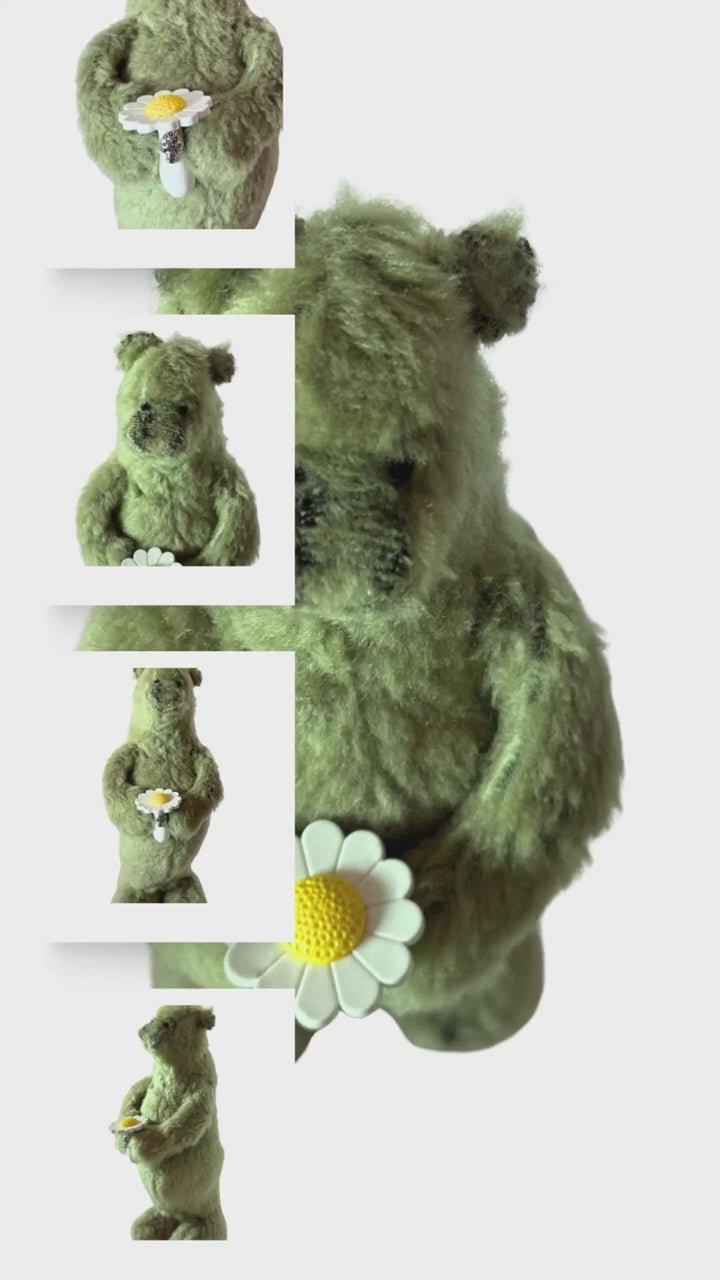 One of Kind Soft Art Standing Fuzzy Green Bear - Woodland Collection - Office Sidekick