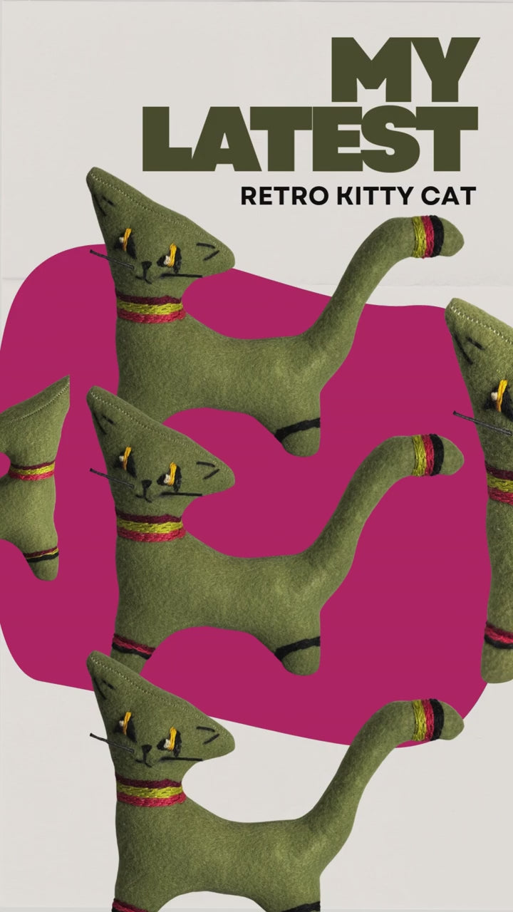 Green and Striped Retro Kitty Cat  - One of a Kind - Soft Art Plush