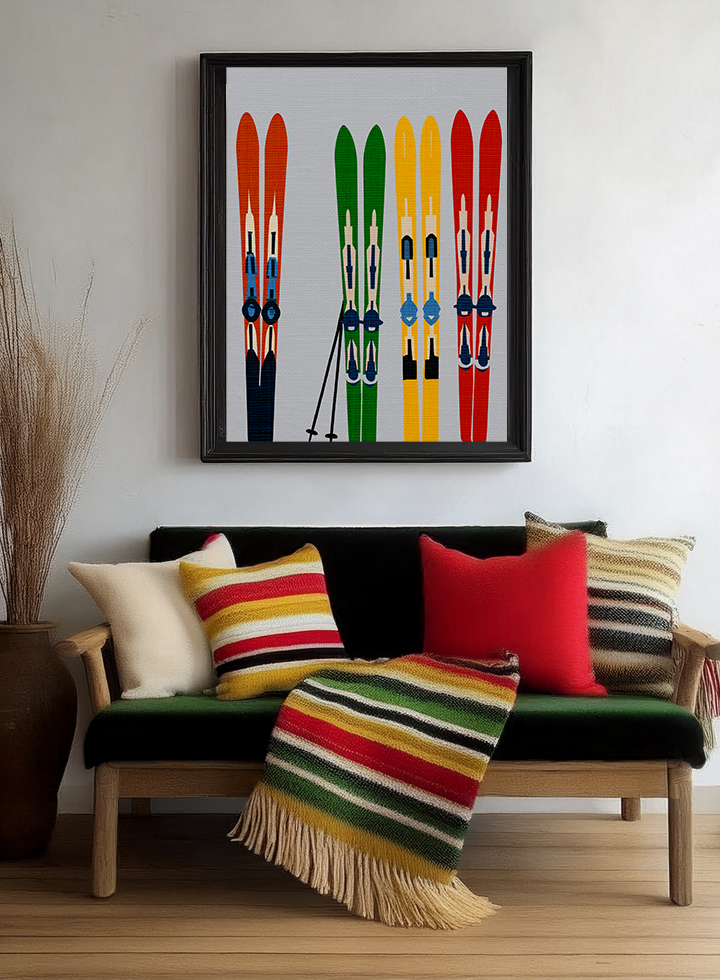 Midwest Mod Seasonal Winter Art Print Skis on Display - Matte Canvas, Stretched, 1.25"