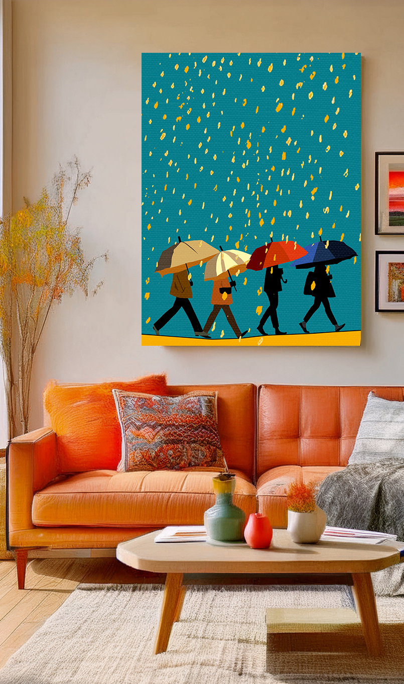 Modern Rainy Day on the Move Art Print - Matte Canvas, Stretched, 1.25" -  home decor, wall art, rain, umbrella