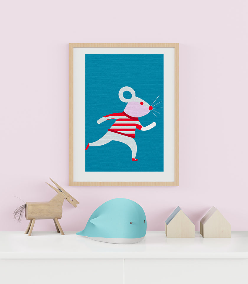 Midwest Modern Running Mouse Print - Matte Canvas, Stretched, 1.25" - nursery, wall decor, fun art, stripes, bold, kids decor