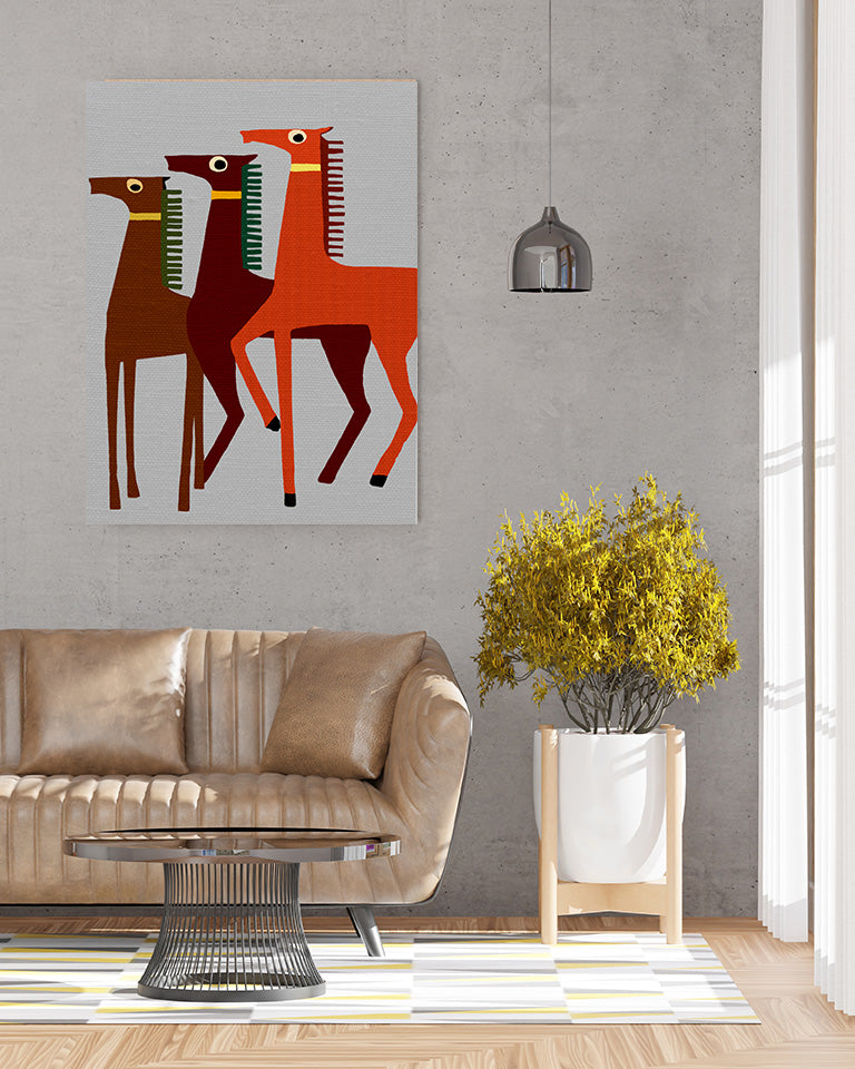 Midwest Modern Abstract Folk Art Style Horse Trio Art - Matte Canvas, Stretched, 1.25" -  home decor, wall art, folk art, horses