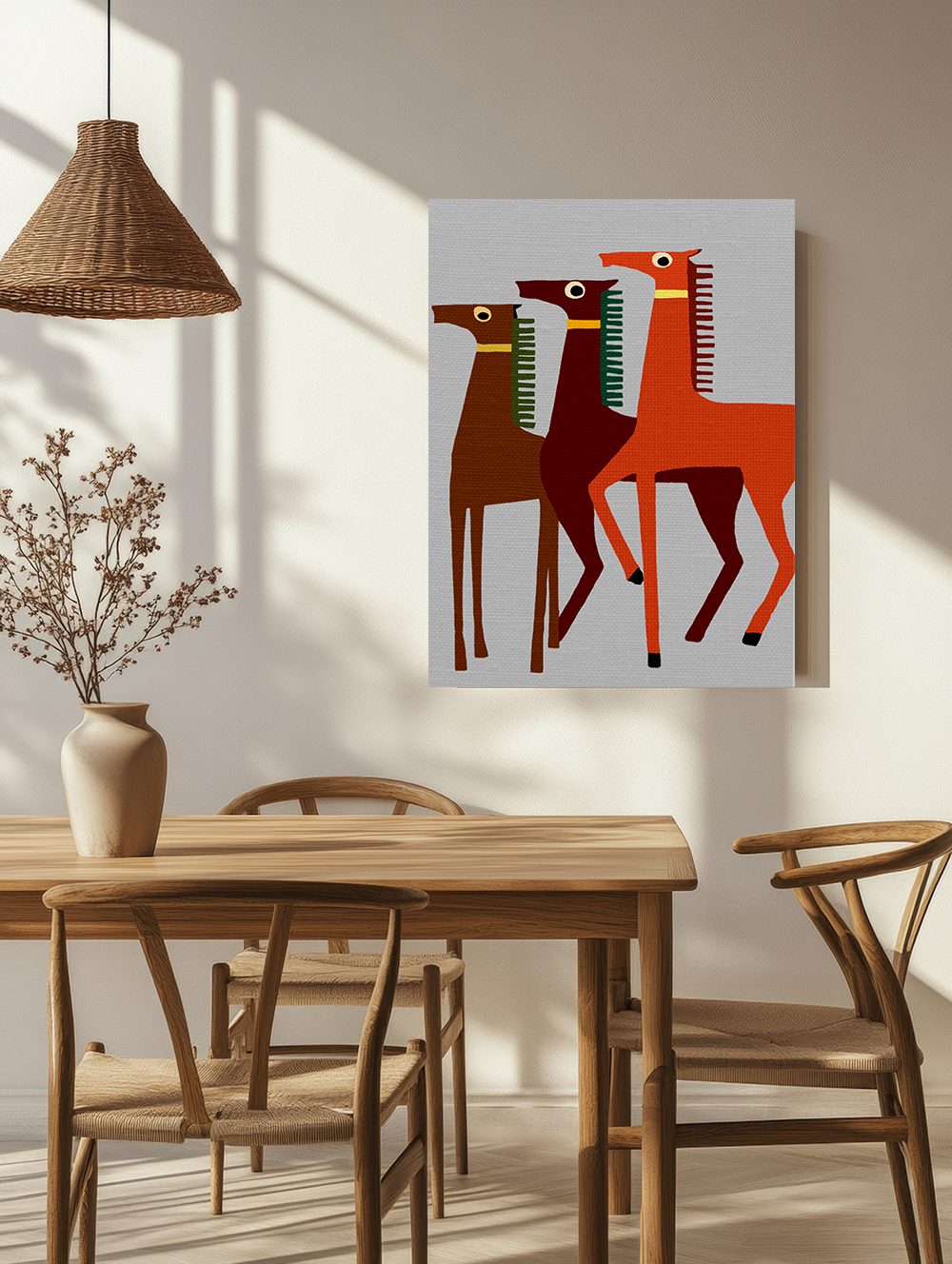 Midwest Modern Abstract Folk Art Style Horse Trio Art - Matte Canvas, Stretched, 1.25" -  home decor, wall art, folk art, horses
