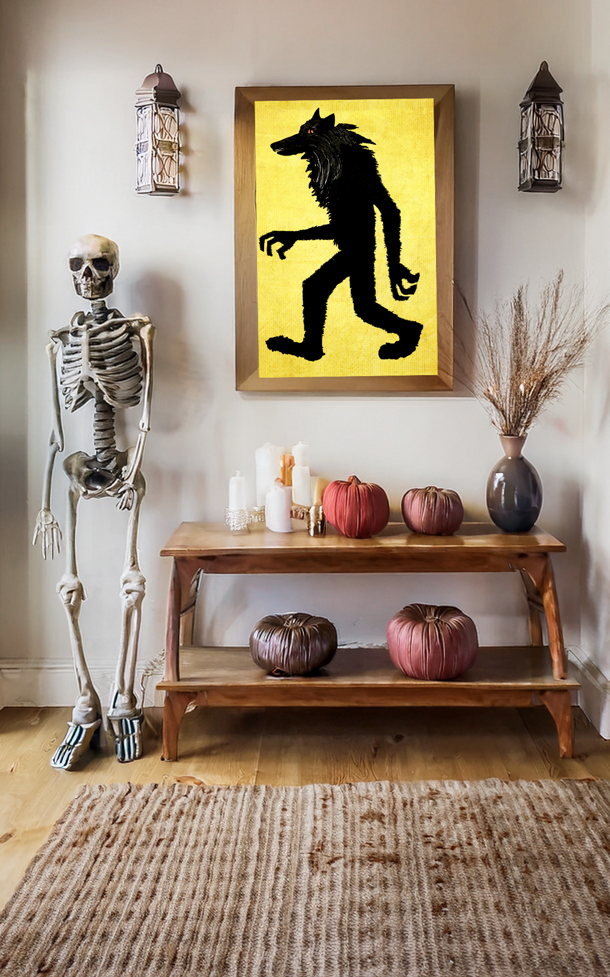 Midwest Mod Wolfman Werewolf in Yellow Seasonal Silk Poster, Indoor and Outdoor Decor, Unique Home Decor, Seasonal Decor, Halloween